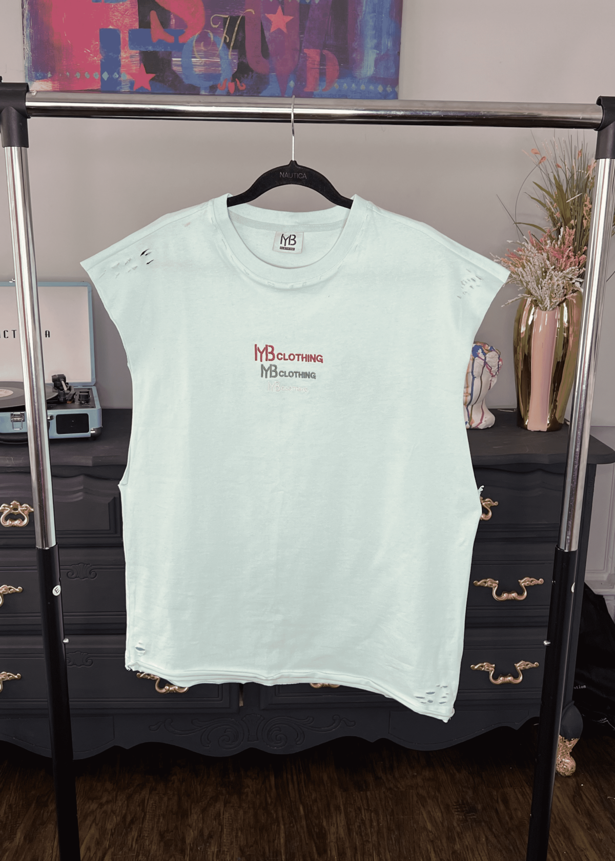 Distressed Oversized C’est Chaud Turquoise 3 Bar Tee